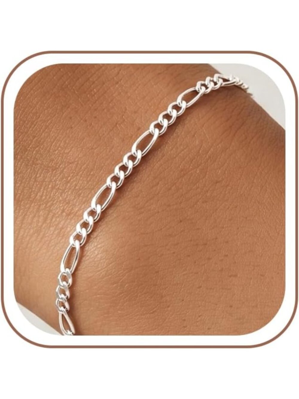 Sterling Silver 3mm Figaro Chain Bracelet for Women, Adjustable 6.5-8 Inches